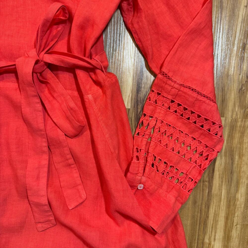 120% Lino Coral Bold Pink Linen Natural Fiber Italian Summer Eyelet Dress L / 48 - Picture 3 of 10